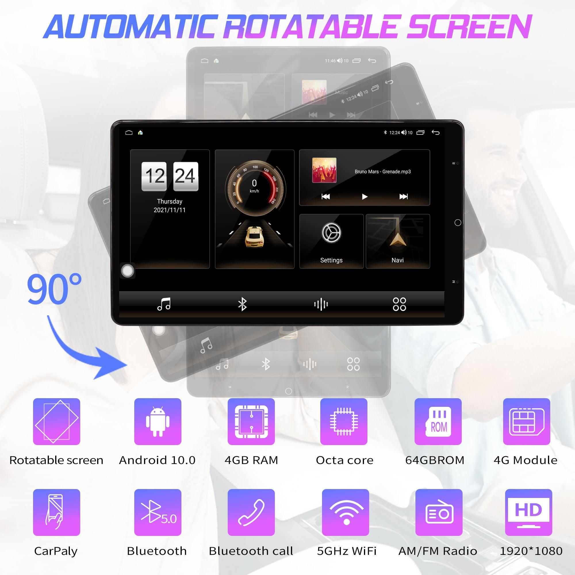 13.3" Android 4GB RAM+64GB ROM Universal Rotatable Double Din Head Unit with Carplay FM/AM Navigation Support Rear Camera Bluetooth Call